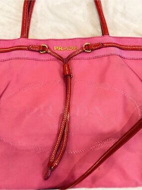 Authentic Prada Pink Nylon Tote Bag Red Saffiano Leather Trim Rare Color